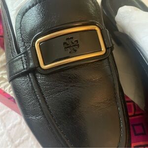 Tory Burch Black Leather Mules with Gold Accent